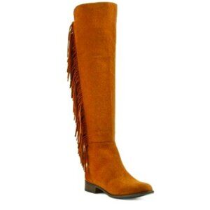 NEW MOSSIMO SUPPLY MARIBEL COGNAC BROWN FAUX SUEDE FRINGE TALL BOOTS